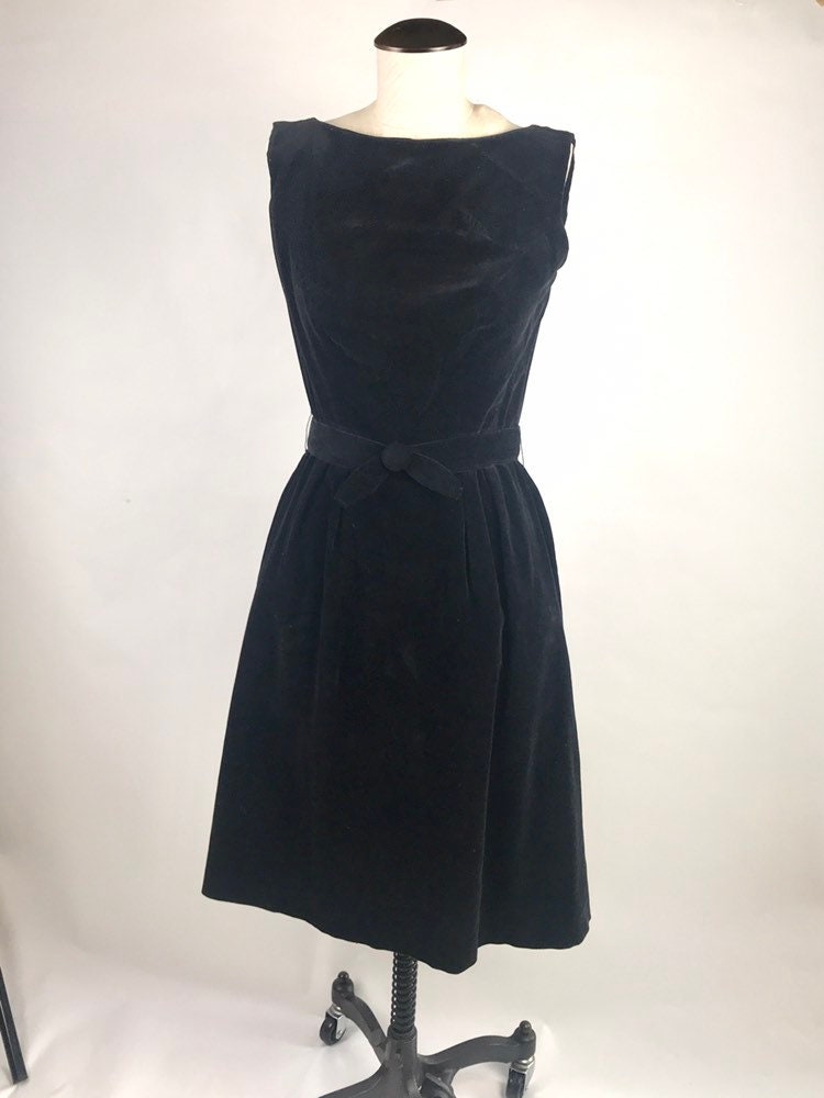 Vintage 1950s Black Velveteen Dress Boat Neck Belted | Etsy