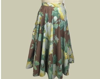 Vintage Cotton Circle Skirt: Tropical Floral Print, Midi Length