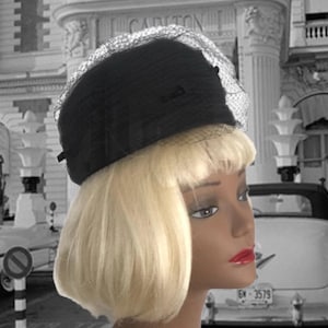Vintage Mid Century Hat, Black Pillbox with Tulle and Netting, Cocktail Hat,  1960s Formal Hat, 60s Hats for Women