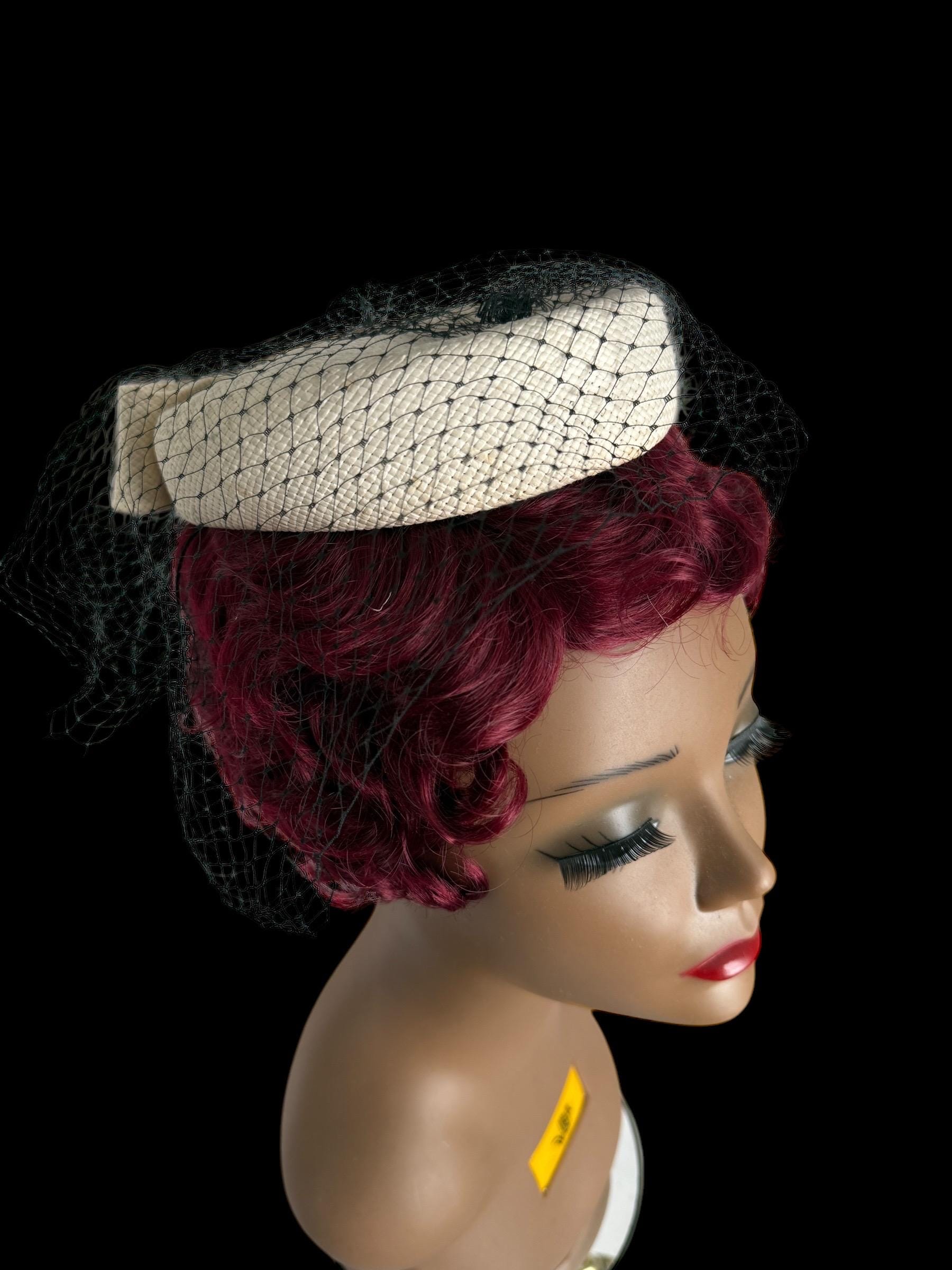 1960s White Pillbox Hat: Vintage Acetate Straw With Black 