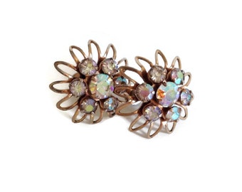 Vintage Rhinestone Earrings  Aurora Borealis  Screw Back  Starburst Design  Iridescent  Costume Jewelry  Vintage Jewelry