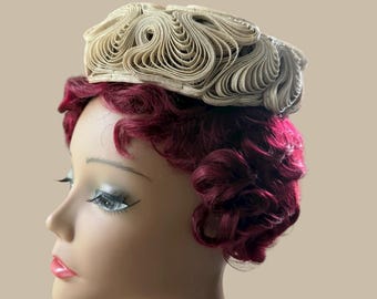 Vintage Tan Pillbox Hat, 60s Fashion, Swirly Cord Design,
