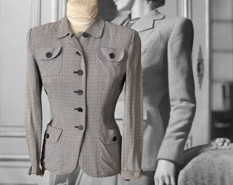 Vintage Suit Jacket, Fitted Silhouette, 1950s Button Front Jacket, Houndstooth, Shoulder Pads, G. Fox Departmrnt Store, Glenhaven, 40s Style