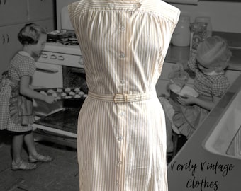 Vintage 1950s Cotton Day Dress, Striped Dress with Matching Belt, Wayne Maid, Sleeveless, Pockets, 50s Dresses for Women, Casual Dress