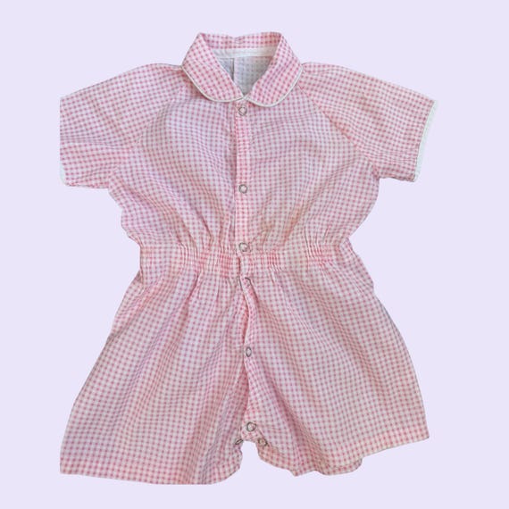 1950年代ヴィンテージキッズコットンロンパース、ピンクチェック、幼児 