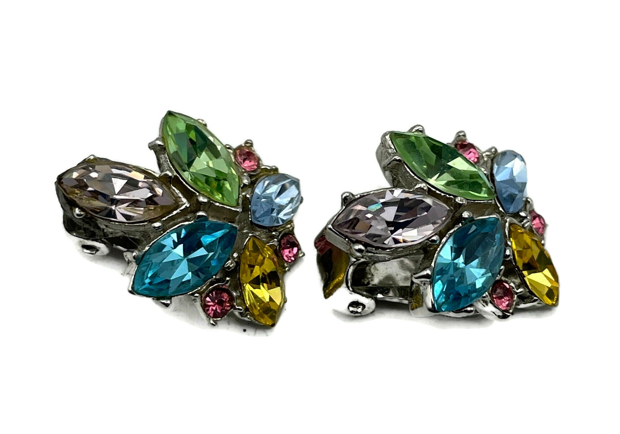 Vintage Lisner Rhinestone Cluster Clip on Earrings Multi - Etsy