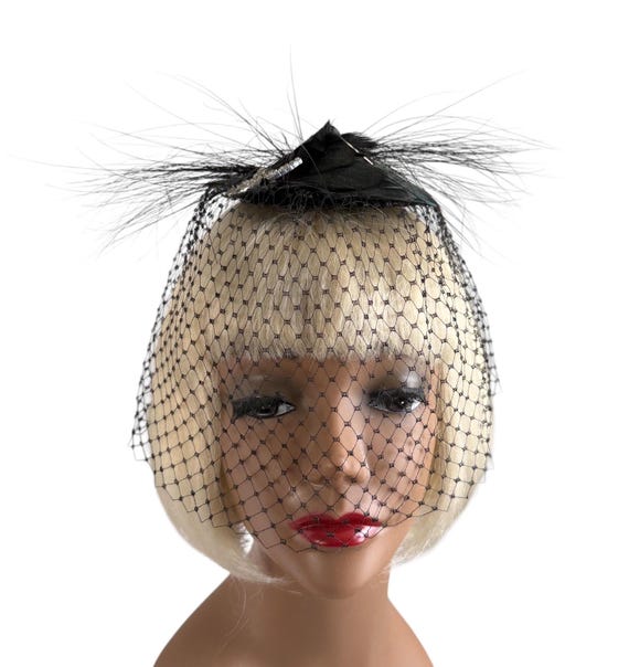 Vintage Black Cage Hat: 1950s Rhinestone Veil Fascinator  display picture 2
