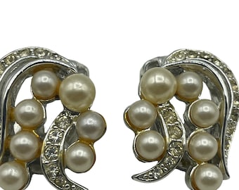 Vintage Marvella Clip on Earrings: Faux Pearl Rhinestone Costume