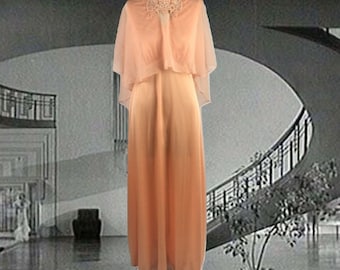 Vintage Formal Dress with Chiffon Capelet, Long Orange Maxi Dress, Slinky Jersey Knit, Empire Waist, Sleeveless, Floral Lace Applique