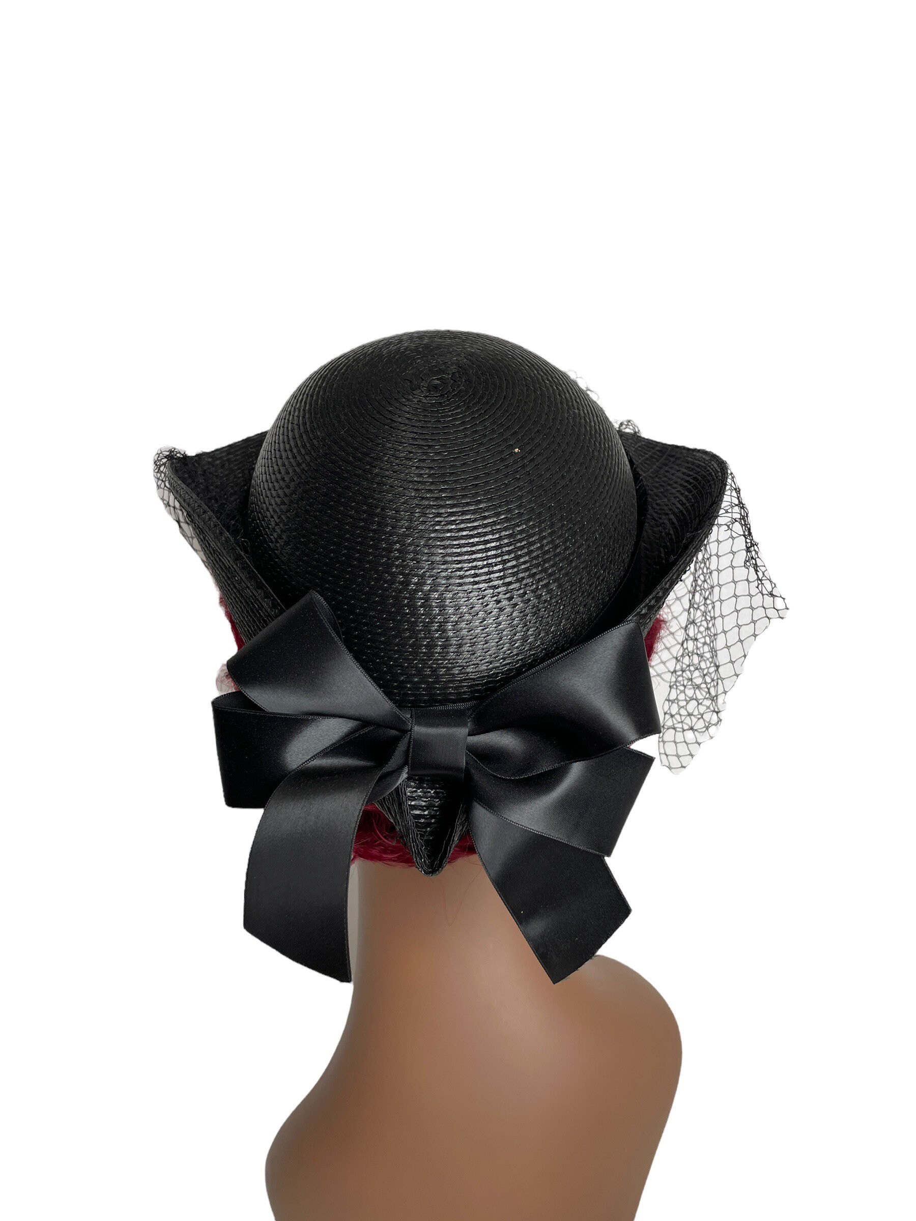 Vintage Black Veiled Hat: Woven Acetate Bowler, Michael  display picture 2