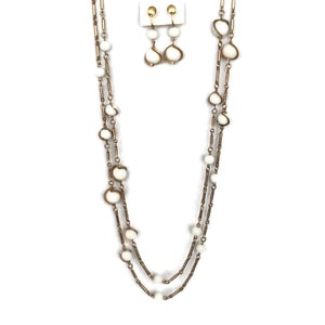Vintage Demi Parure, Long Chain and Screwback Earring Set, Goldtone and White Beads, Jewelry Necklace Set, Dangly Earrings