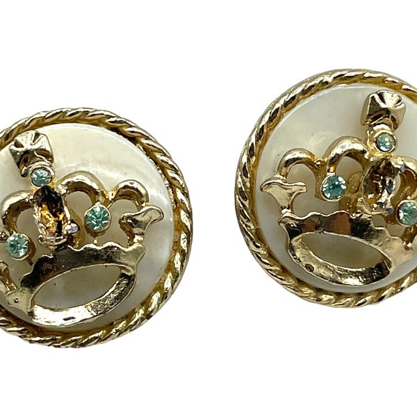 Vintage 60s Screwback Earrings, Coro Designer Costume Jewelry, Gold Crown and Blue Rhinestones, Mother of Pearl Button Earrings, Non Pierced