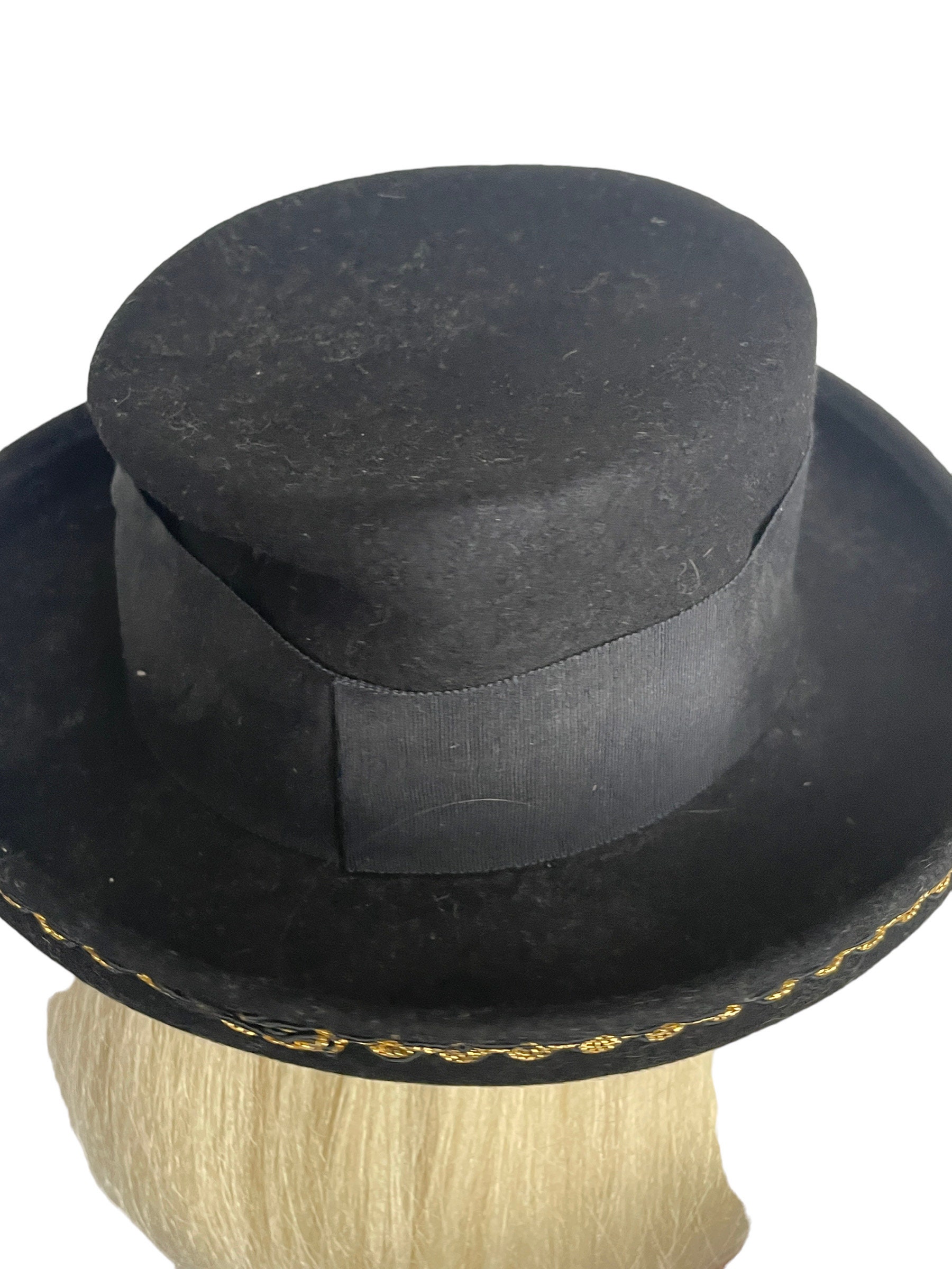 Vintage 70s Bollman Black Wool Felt Bolero Hat: Gold Braid 