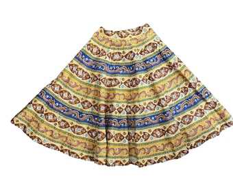Vintage 1950s Cotton Circle Skirt: Boho Print Full Skirt, Extra Small