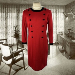 Vintage Red Dress with Black Velvet Buttons and Trim, Knit Shift, Day Dress, Marisa Christina Knits, Size Medium, Holiday Party Dress