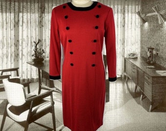 Vintage Red Dress with Black Velvet Buttons and Trim, Knit Shift, Day Dress, Marisa Christina Knits, Size Medium, Holiday Party Dress