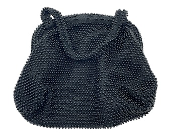 Vintage 1950s 1960s Black Beaded Handbag, Double Top Handle and Spring Closure, Evening Bag, Short Handle  Black Purse, Cocktail Bag