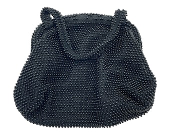Vintage Black Beaded Handbag: 1950s-60s Double Handle Evening Bag