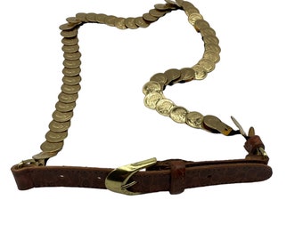 Vintage Gold Tone Coin Belt: 1970s Medallion Chain, Faux Alligator Buckle