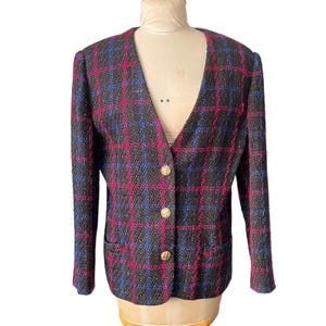 Marynarka wełniana w kratę z lat 70. w stylu vintage: nici lureksowe, złote guziki, rozmiar 16