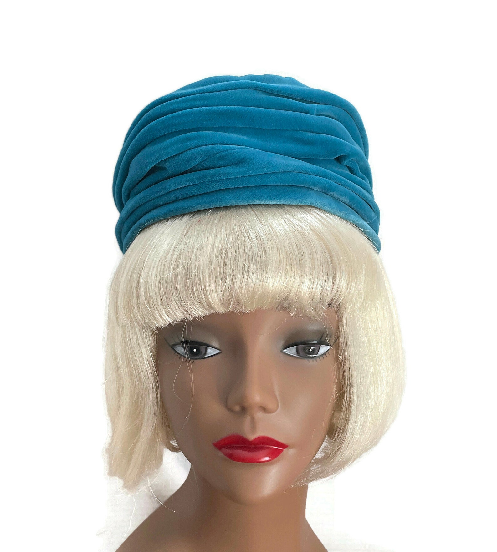 Vintage 1960s Pillbox Hat Turquoise Velvet Turban Hats Mid Etsy