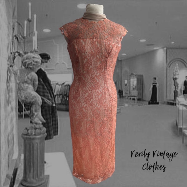 Vintage 1950s Freman-O'Grady Dress Fitted Lace Sheath, Wiggle Dress, Lace Cocktail Dress, Wiggle Dress, Coral Chantilly Lace