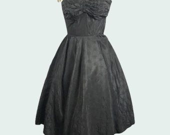 Vintage 1950s Black Taffeta Strapless Dress: Embroidered Full Skirt