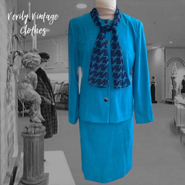 Vintage 1980s Leslie Faye Faux Suede Suit, Turquoise Blue Two Piece Set with Straight Skirt Top Neck Scarf, Size 14P, Wrinkle Free Polyester
