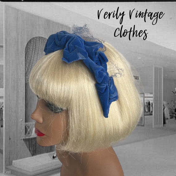 Vintage 1950s 1960s Headband Hat, Blue Velvet Ban… - image 1