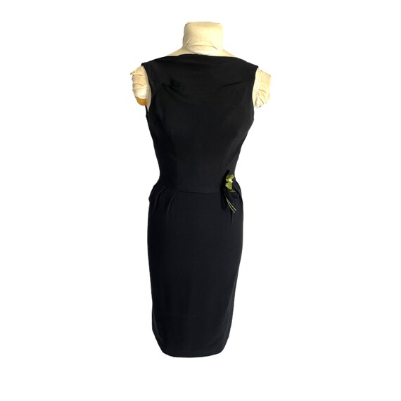 1960s Vintage Black Crepe Sheath Dress: Bateau Neckline, Rose Embellishment