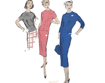 Vintage 1950s Suit Pattern, Advance Sewing Pattern 8581, Two Piece Overblouse Dress, S Size 13, Slim Skirt, Bust 33, Mid Century Fashion