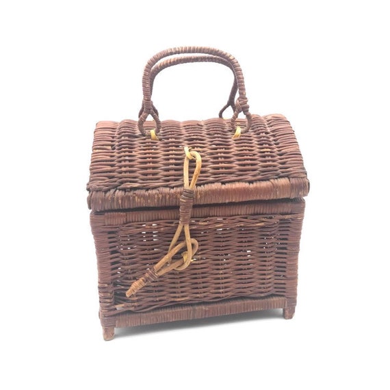 Vintage Rattan Handbag, Top Handle Straw Handbag,