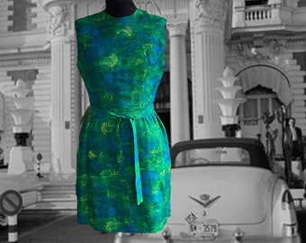 Vintage 1950s 1960s Dress Silk Wiggle Dress with Matching Tie Belt, Green and Blue Florals, Sleeveless,Fitted, Knee Length, Round Neckline