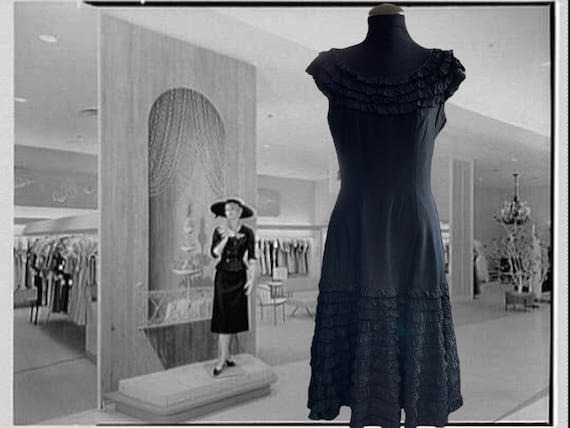 Vintage 1950s Elinor Gay Black Taffeta Dress, Ruf… - image 2