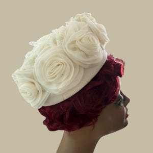 Vintage 1960s Pillbox Hat with White Chiffon Roses Lady Georgette Wedding Church 1960 main image 3