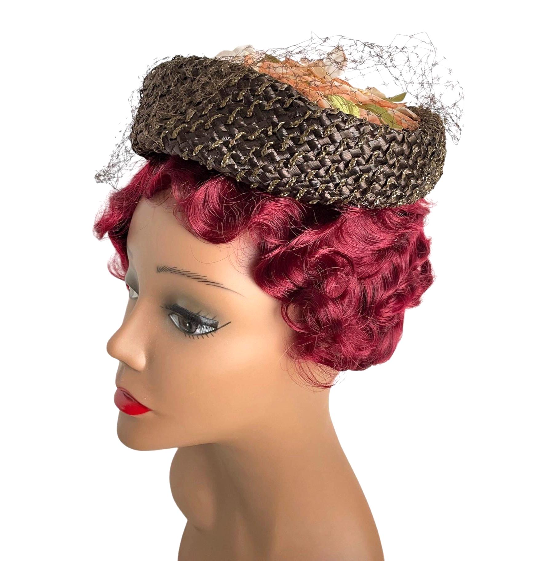 Vintage 50s Straw Pillbox Hat: Peach Flowers & Veil, Mid 