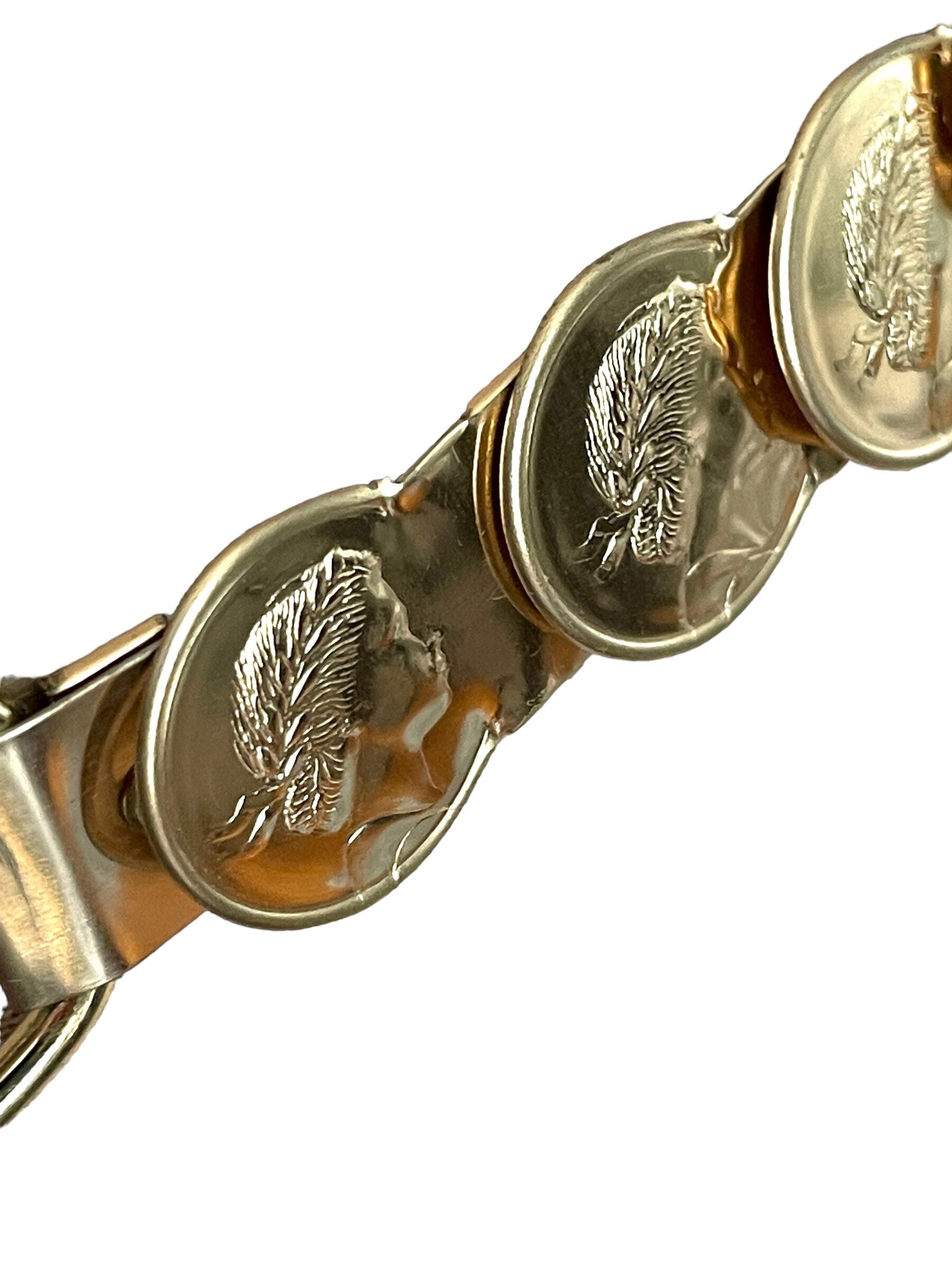 Vintage 70’s Gold Embossed Metal Coin Stretch Belt Vintage Gold Tone Coin Belt: 1970s Medallion Chain, Faux  main image 4