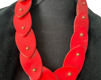 Vintage 1970s Red Leather Necklace, Strung Teardrop Shape Leather Cut Outs, 70s accessories, Statement Necklace