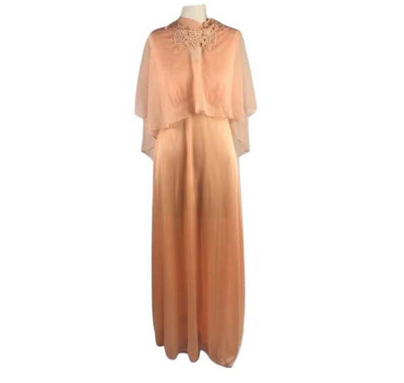 Vintage Orange Jersey Knit Maxi Dress with Chiffon Capelet