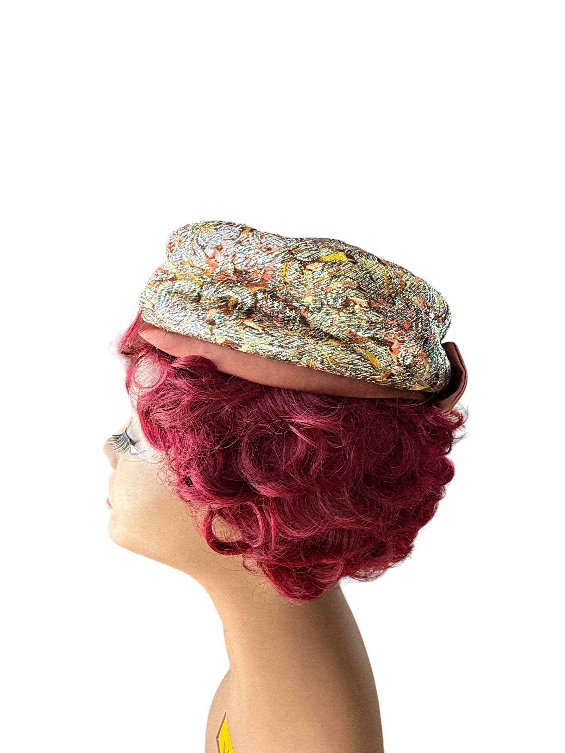 Vintage 1960s Metallic Brocade Pillbox Hat With Satin Bow  display picture 1