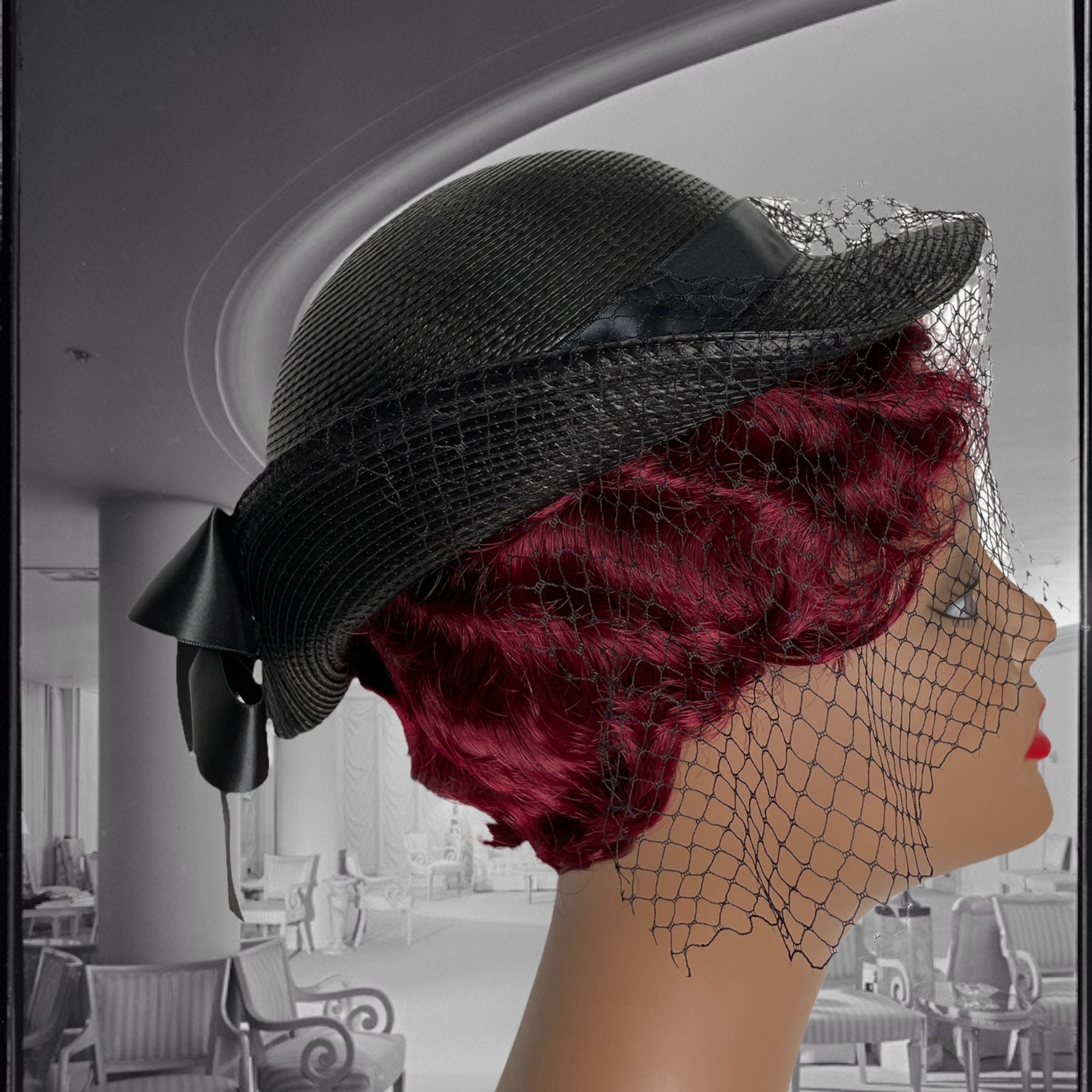 Vintage Black Veiled Hat: Woven Acetate Bowler, Michael  display picture 3