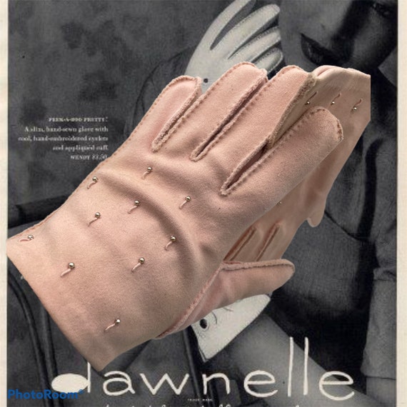 Vintage Pink Cotton Gloves, Beaded Embellishment, 