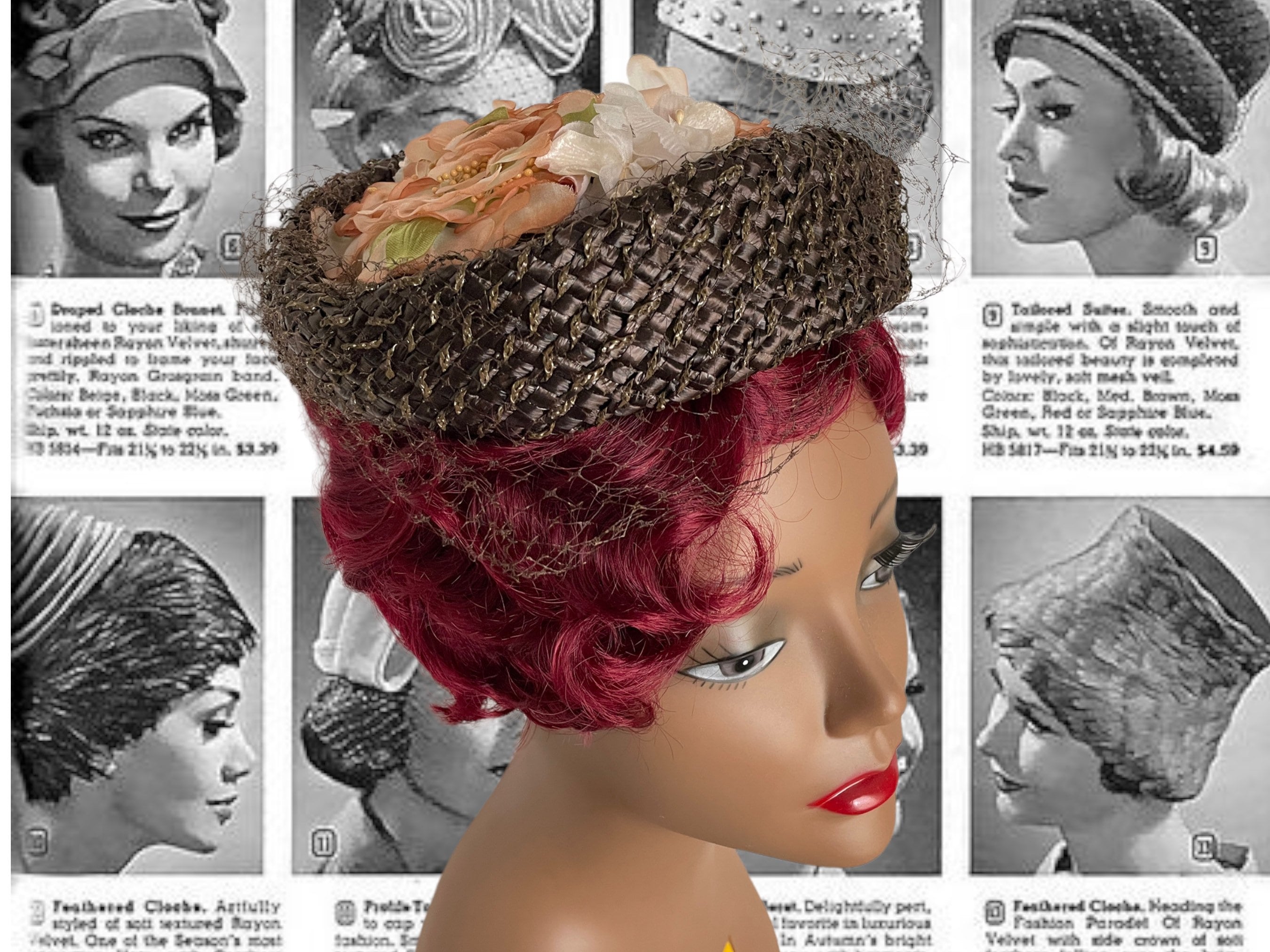 Vintage 50s Straw Pillbox Hat: Peach Flowers & Veil, Mid  display picture 2