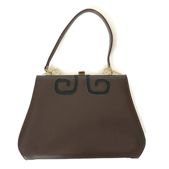 Vintage Handbag Brown Leather with Black Leather … - image 1