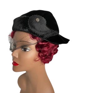 Vintage 1950s Black Velvet Hat: Asymmetrical Brim, Veil  display picture 3