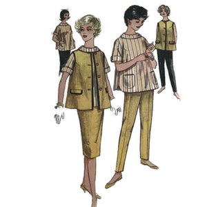 May include: A vintage sewing pattern featuring three women wearing different styles of trouser suits. The trouser suits are in a light brown colour with a striped pattern on one of the tops. The pattern includes instructions for making the trouser suits.