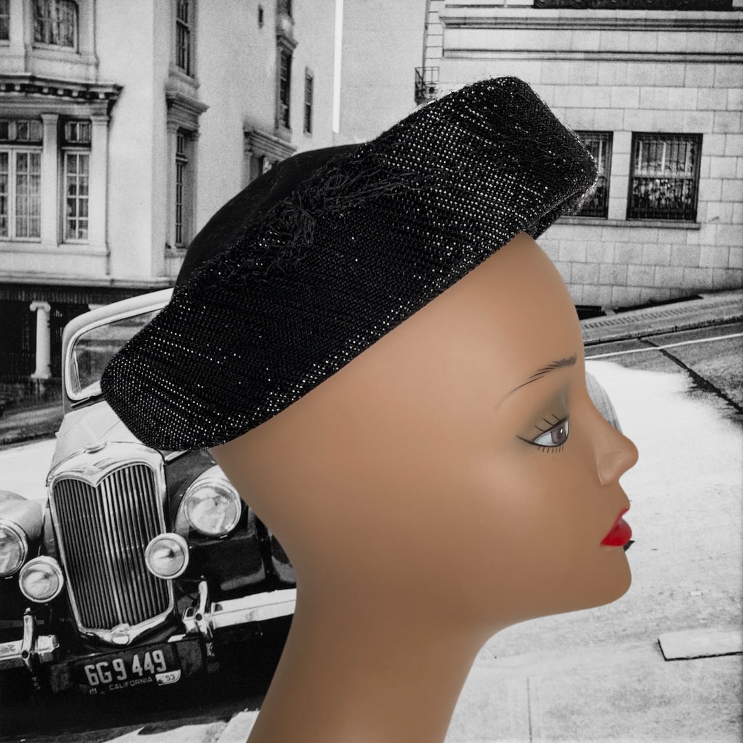Vintage 1960s Black Wool Felt Hat: Glittery Brim, Netting Henry
