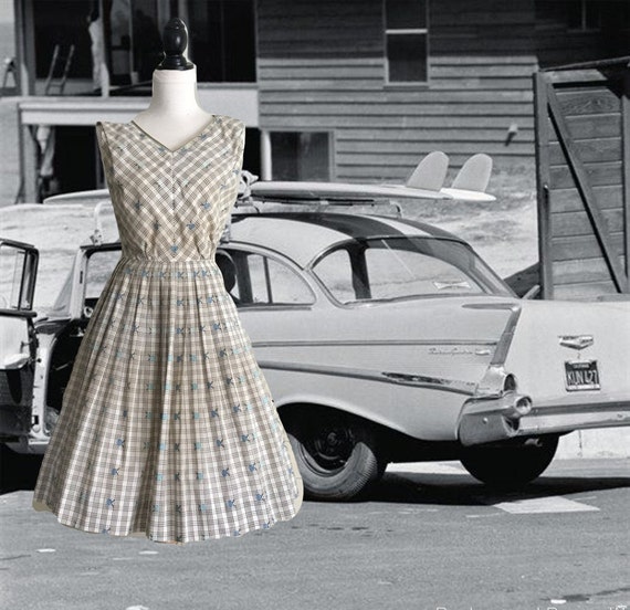 Vintage 1950s Cotton Dress, Sleeveless, Full Skir… - image 1