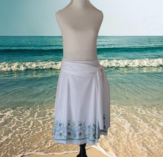 Vintage  White Cotton Summer Skirt,  Turquoise Fl… - image 2