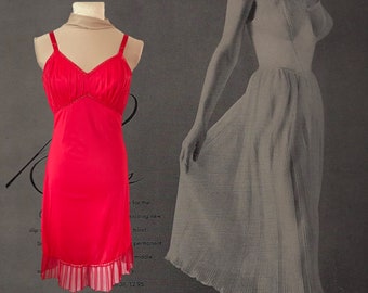 Vintage Rogers Lingerie, Red Full Slip, Nylon and Pleated Chiffon, Dress Slip, Lolita, Rockabilly, Sexy Boudoir Lingerie, Size 40 Tall